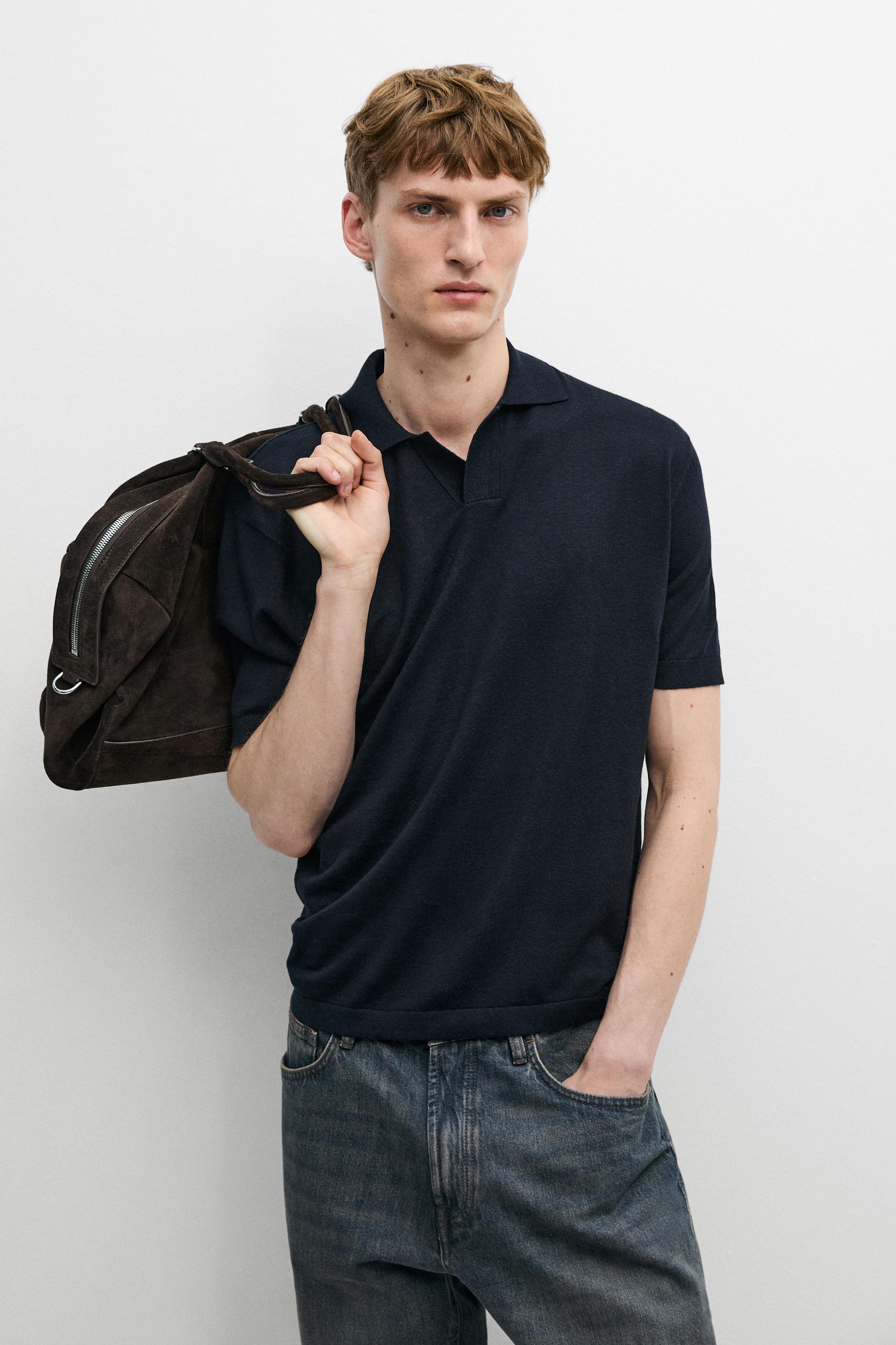 Cotton and linen knit polo sweater